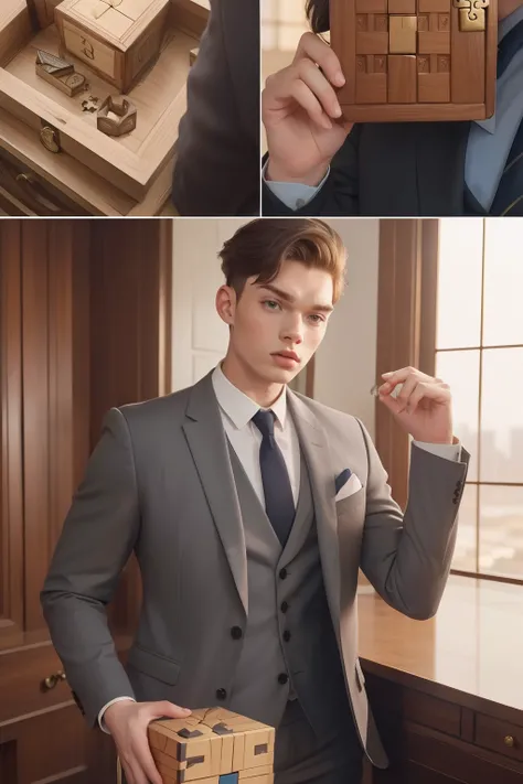 year: 2023. Location: Phoenix. Pre-Raphaelite scene with a 21-year-old Dominic Sherwood, wearing a grey suit, deciphering a ((puzzle box)), ((((Clothing from the 2020s)))) ((Hairstyle of the 2020s)), pastel colors, (((cinematic style)))