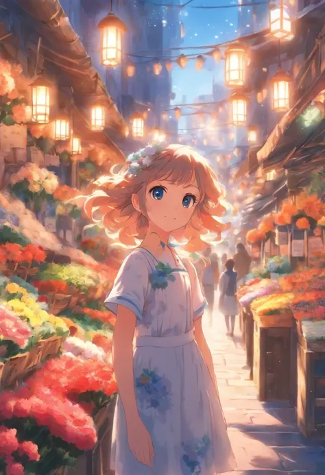 8 years old girl, The flower market sells flowers,streetview.,The décor is blue and white series