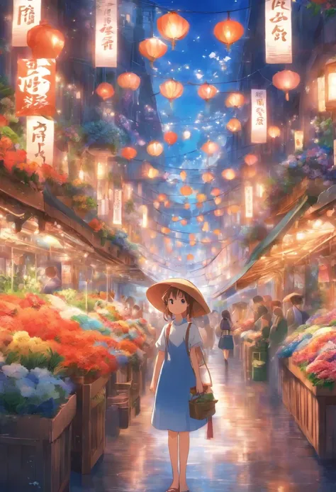 8 years old girl, The flower market sells flowers,streetview.,The décor is blue and white series