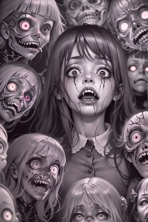 (Junji Ito manga portrait illustration of girls face), horrified, scared, afraid expression, detailed, (horror theme:1.5), contemporary horror, black and white, creepy atmosphere, disturbing