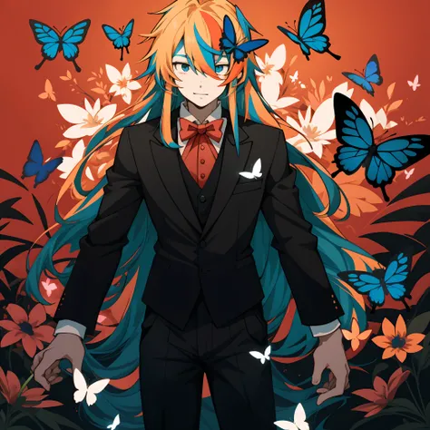 An anime style illustration with a blurred out face, long hair with orange and blue highlights, black and white outfit with a red bowtie, and a colorful background with flowers and butterflies,