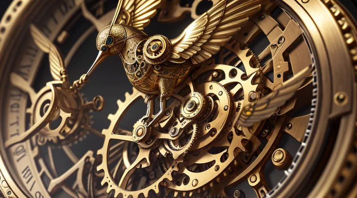 Steampunk, antique, gold, mechanical hummingbird with brass and gray gears on white background. Mechanical bird. (16k, best quality, Hdr, best resolution: 1.4, RAW photography), bokeh, realistic photography, Canon 5d