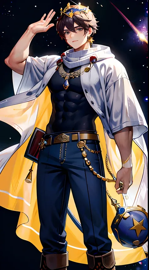 Buff-22-year-old , surrounded by cosmic energy , wearing a cowboy fit , with a kings crown atop his head, cowboy boots ,