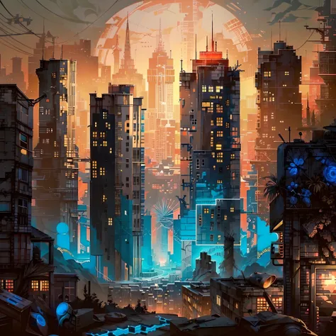 (Gray-red,blue-gold,color scheme:1.4)In a post-apocalyptic metropolis, The remains of a huge city lie in ruins, Similar to the pixelated gameplay style. Capture the view through the drones perspective, Provides a unique fisheye lens effect. The atmosphere ...