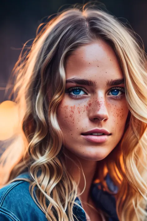 Professional portrait photo of a gorgeous Norwegian girl with a crowded outdoor night in the background, long wavy blonde hair, sultry sexy look, (freckles), gorgeous symmetrical face, cute natural makeup, realistic, concept art, elegant, highly detailed, ...