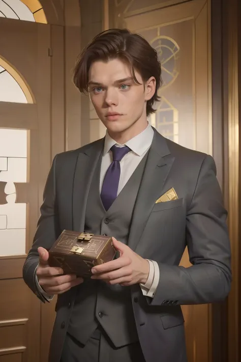 year: 2023. Location: Phoenix. Pre-Raphaelite scene with a 21-year-old Dominic Sherwood, wearing a grey suit, deciphering a ((puzzle box)), ((concentration look)), ((emotional)), ((((Clothing from the 2020s)))) ((Hairstyle of the 2020s)), pastel colors, ((...