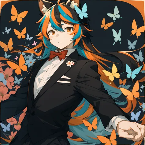 An anime style illustration, long hair with orange and blue highlights, kemono, black and white outfit with a red bowtie, and a colorful background with flowers and butterflies,