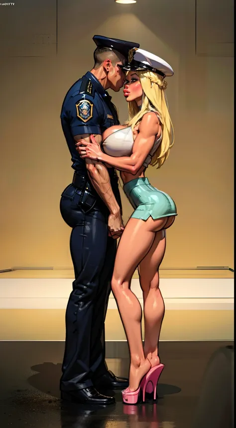 full body view, beautiful,A person prostrated on the ground, their knees and forearms bearing the weight of their body,((masterpiece:1.2)), ((best quality:1.2)), (large ass;1.5), perfect lighting, 2 blonde girl in a nightclub, wearing police officer unifor...