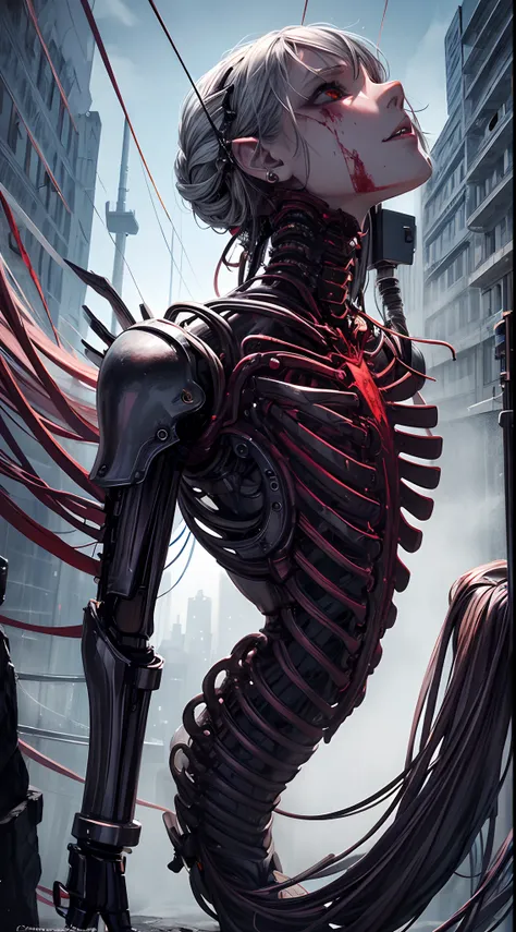 (((Masterpiece))), ((Best Quality)), (Super Detail), (CG Illustration), (Very Evil and Beautiful)), Cinematic Light, ((1 Mechanical Girl)), Single, (Mechanical Art: 1.4), ((Mechanical limb)), (Blood vessel attached to a tube), ((Mechanical spine attached t...