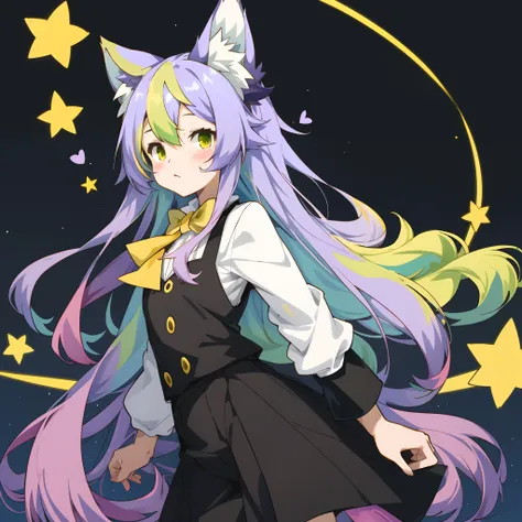 An anime style illustration, long hair with purple and green highlights, kemono, black and white outfit with a yellow bowtie, and a colorful background with stars and hearts,