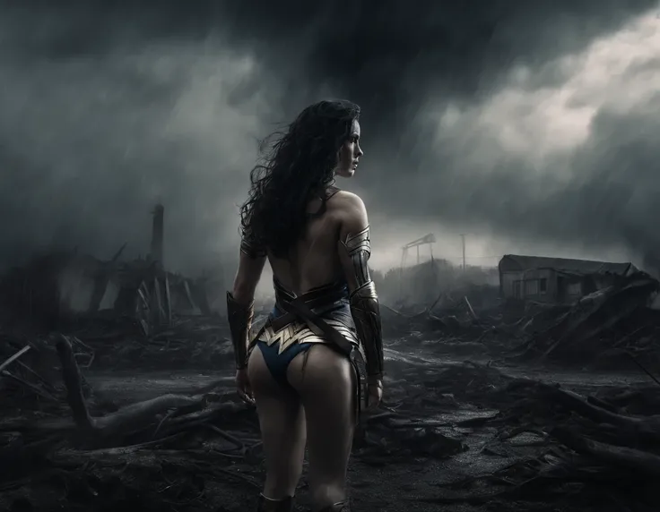 moody storm clouds, raining, photo realistic front view of thicc big breasts wonder woman in micro-bikini-thong costume oiled ass, cameltoe, dynamic pose, ready for action, attacked by tentacles. building collapse, fire smoke, low-angle shot, wide-angle sh...