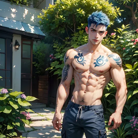 Handsome boy, fade haircut, shirtless, hand tattoo,neck tattoo, blue hair, cargo shorts, in the garden, 8k ultra, muscle