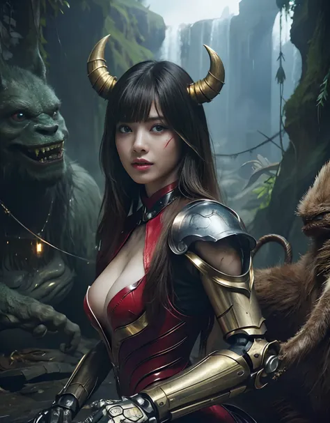 (1 Mechanical Girl)、top-quality、masterpiece、超A high resolution、(Photorealsitic:1.4)、Raw photo、女の子1人、Fight mutants、glowy skin、(((1 Mechanical Girl)))、With a beautiful knife、(Yellow Metal Bodysuit)、(Kobold、ogre、Fierce battle with orcs),(Fight fiercely again...