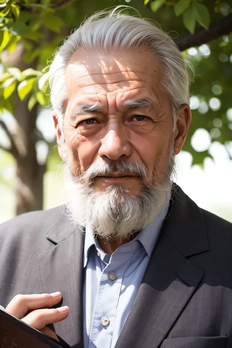 An old man with traditional Chinese thinking，Real frontal photos，Authentic background，The background is nature，Holding a book，worn-out clothing，Face full of wrinkles，80-year-old man，Wise eyes，The beard is white，male people，country style