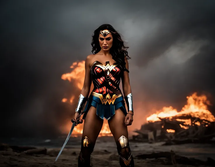 moody storm clouds, raining, photo realistic front view of thicc big breasts wonder woman in micro-bikini-thong costume oiled ass, cameltoe, dynamic pose, ready for action, attacked by tentacles. building collapse, fire smoke, low-angle shot, wide-angle sh...