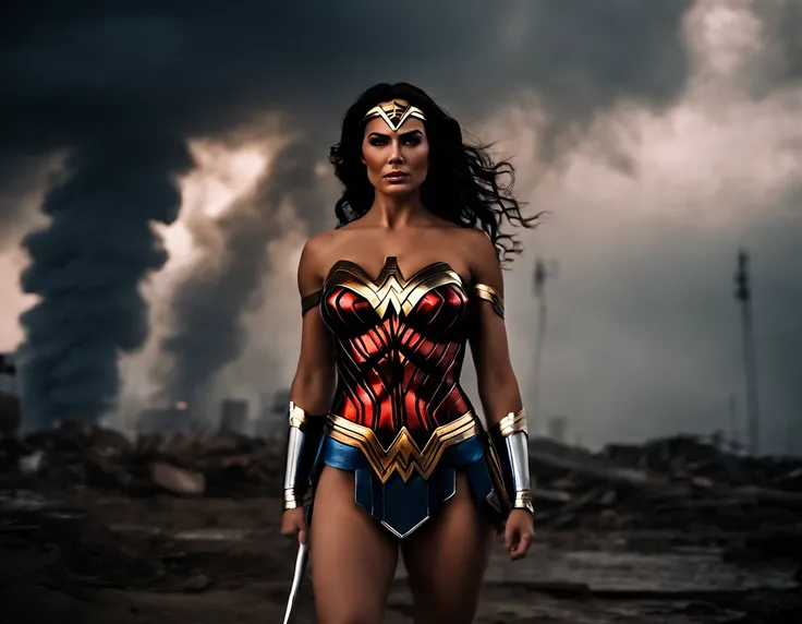 moody storm clouds, raining, photo realistic front view of thicc big breasts wonder woman in micro-bikini-thong costume oiled ass, cameltoe, dynamic pose, ready for action, attacked by tentacles. building collapse, fire smoke, low-angle shot, wide-angle sh...