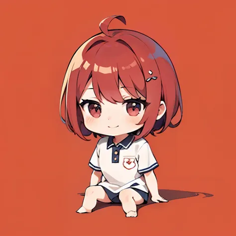 超A high resolution, Best aesthetic, Top quality depiction of the foot,Wear a polo shirt,red hairs, Flat Avatar,  Anime visuals of cute girls, Cute art style, Chibi,  Shorthair, Ahoge, is shy, A smile, hair adornments,drawing on paper,  simple background, 耳...