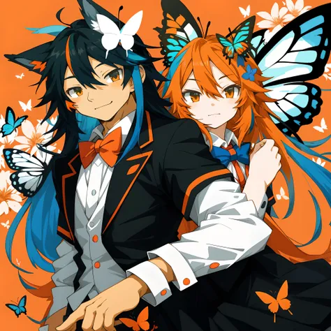 An anime style illustration, long hair with orange and blue highlights, kemono, black and white outfit with a red bowtie, and a colorful background with flowers and butterflies,