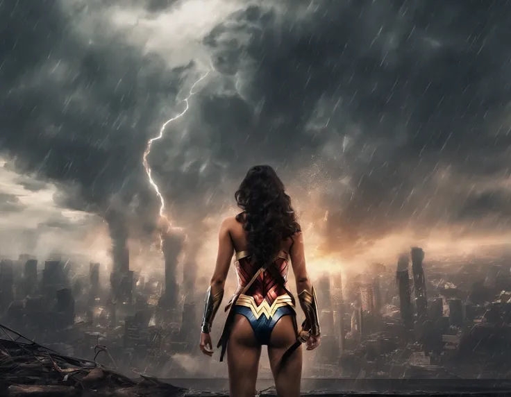 moody storm clouds, raining, photo realistic front view of thicc big breasts wonder woman in micro-bikini-thong costume oiled ass, cameltoe, dynamic pose, ready for action, attacked by tentacles. building collapse, fire smoke, low-angle shot, wide-angle sh...