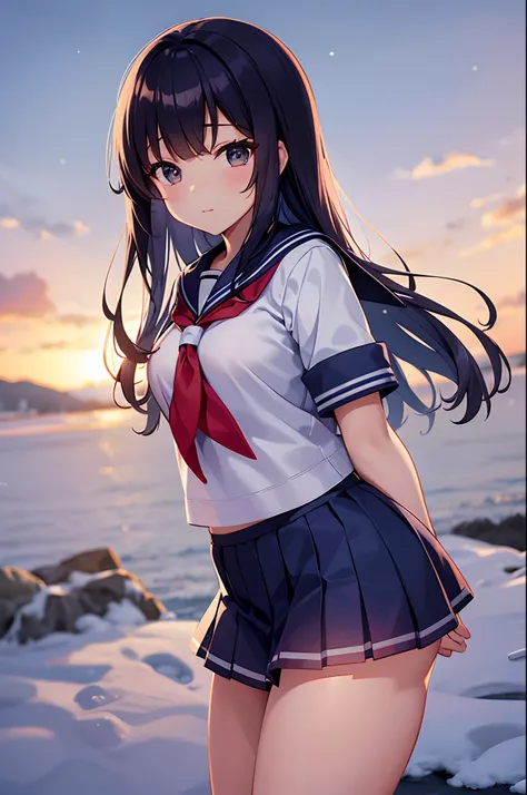 High school girl in a sailor suit with a thick miniskirt wearing short sleeves even though it is snowing in the winter season