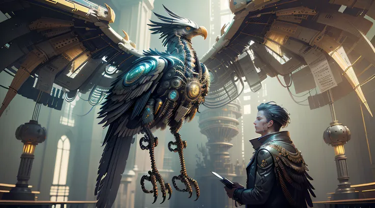 the best quality, ultra-detailed, mechanical eagle nests, mechanical chick, claiming hunger, futuristic, metal feathers, mechanical wings, mechanical beak, complex design, realistic movement, high-tech mechanism, bright colors, dynamic lighting, aesthetic ...