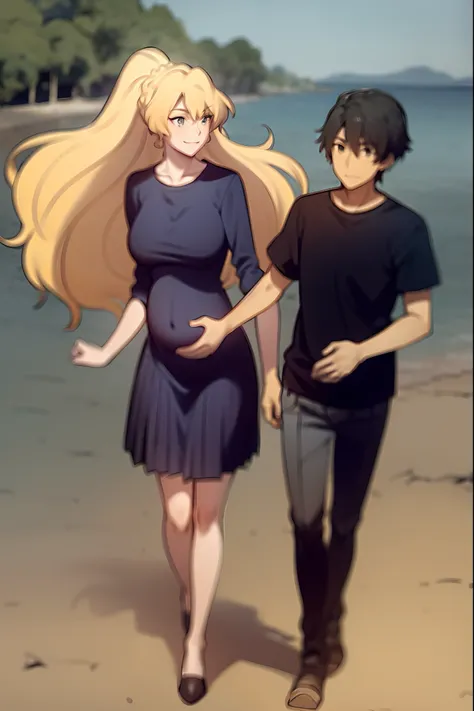 masterpiece, best quality, 1girl, alicetaria,blonde hair, long hair, ponytail, blue eyes, blue shirt, pleated skirt, solo, simple background, bikini, beach, , alicetaria and son, motherly, walking, family, mother and child,boy, smile ,Pregnant, tall woman