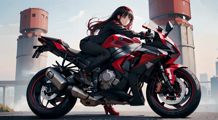 (Best Quality,4K,High resolution),Image quality resolution increased、high-level image quality、hiquality、 Woman in long work clothes with long hair、Motorcycle red highlights keeping black hair in red metallic color、Realistic depiction with delicate details