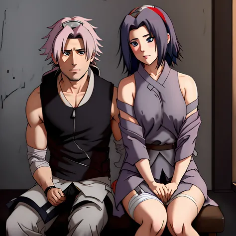 A dark-haired girl sat on Kakashis lap，Kakashi held the black-haired girl in his arms。The dark-haired girl was wrapped in bandages，Kakashi was naked in his upper body。