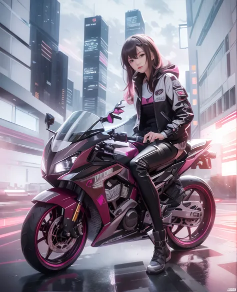 Highest image quality, outstanding details, ultra-high resolution, (realism: 1.4), the best illustration, favor details, highly condensed 1girl, with a delicate and beautiful face, dressed in a black and fuschia mecha, wearing a mecha helmet, holding a dir...