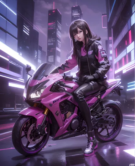 Highest image quality, outstanding details, ultra-high resolution, (realism: 1.4), the best illustration, favor details, highly condensed 1girl, with a delicate and beautiful face, dressed in a black and fuschia mecha, wearing a mecha helmet, holding a dir...