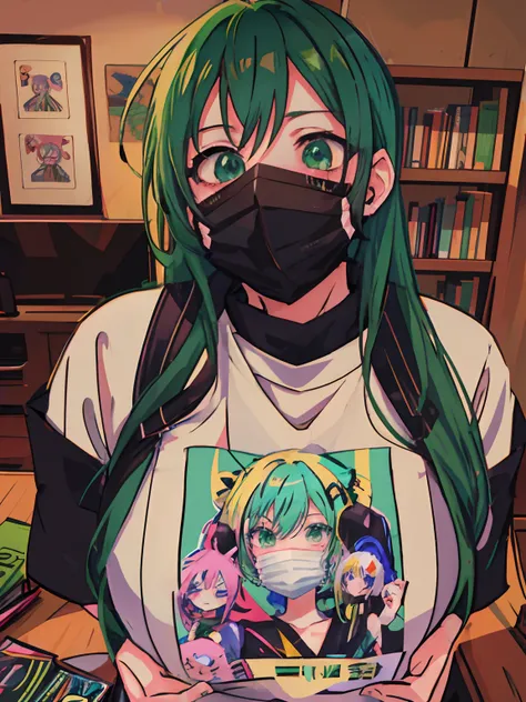 anime girl with green hair wearing a mask and holding a book, mikudayo, vocaloid, ahegao, 4k!, anime style. 8k, 2 0 2 2 anime style, 2022 anime style, illustrated anime, in anime style, anime vibes, anime moe artstyle, pixiv 3dcg, anime art style, digital ...