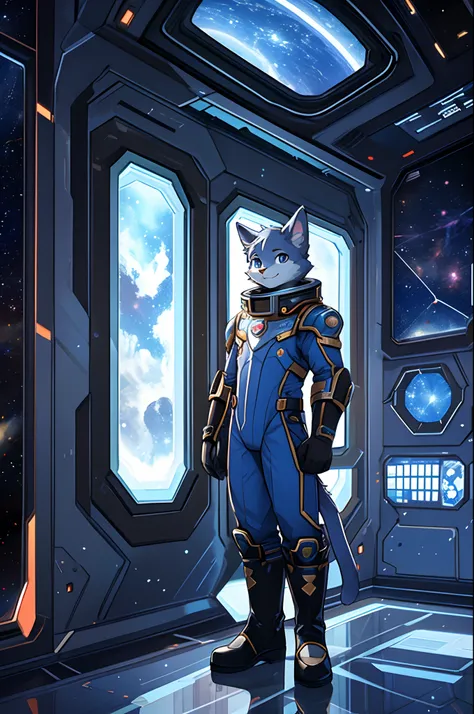 high quality, furry, 1boy, cat boy, science fiction, prince, royal family, flat bodysuit, white gloves, boots, smile, Space colony, space can be seen from the window.