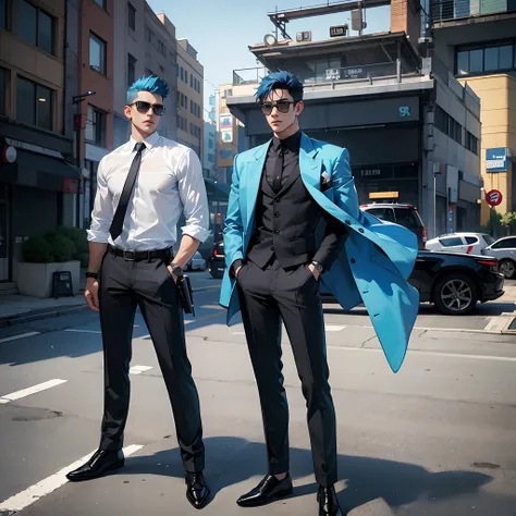 Handsome boy, fade haircut, blue hair, sunglasses, gangster, gun in hand, black jacket, black cotton shirts, black chinos pants, full body,in the parking lot, 8k ultra