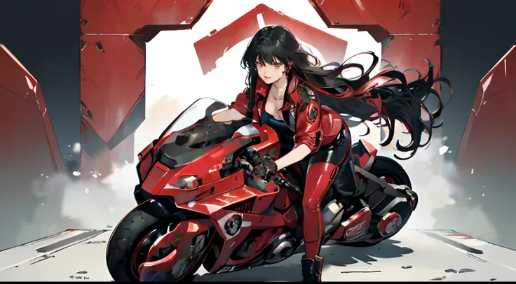 (Best Quality,4K,High resolution), high-level image quality、High quality pixels、Resolution up、Woman in long work clothes with long hair、Motorcycle red highlights keeping black hair in red metallic color、Realistic depiction with delicate details、Facial expr...