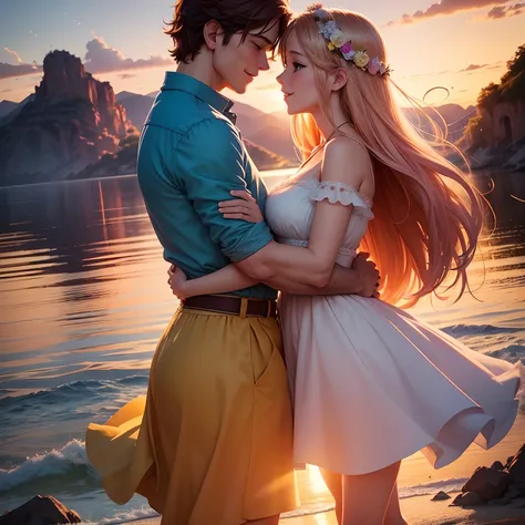 The scenery in the background is romantic, with a colorful sunset and an enchanting landscape. Essa imagem perfeitamente retrata a harmonia e a cumplicidade entre o casal de anime. Their physical characteristics and expression of genuine love capture the e...