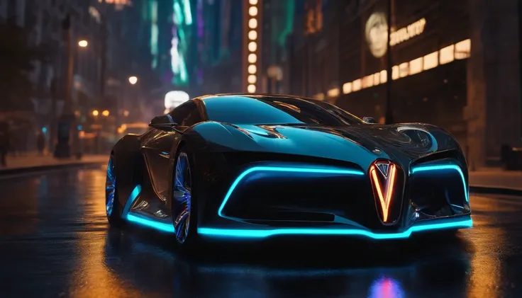 Ominous futuristic car, ((neon logo is letter V)) Wet reflective pavement, iridescent paint, highly detailed rims, glowing rims, View from the front, Futuristic city background, prime time, [Cyberpunk Night City:1.3], 8K DSLR, Sharp, tack sharp, Intricate ...