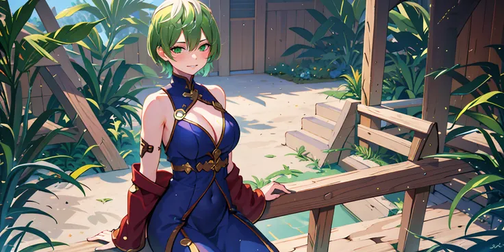 tenka izumo, (short hair, green hair:1.6), green eyes, multicolored hair, sweating, glowing eyes, heavy breathing, epic art, fantasy art, breasts, 1girl, sitting, solo, cleavage, bare_shoulders, large_breasts, dress, looking_at_viewer, sleeveless, outdoors...