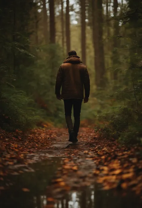 um homem velho com vestimentas grunge caminhando na floresta