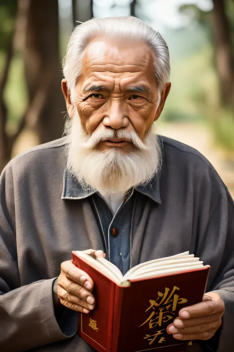 An old man with traditional Chinese thinking，Real frontal photos，Authentic background，The background is nature，Holding a book，worn-out clothing，Face full of wrinkles，80-year-old man，Wise eyes，The beard is white，male people，country style