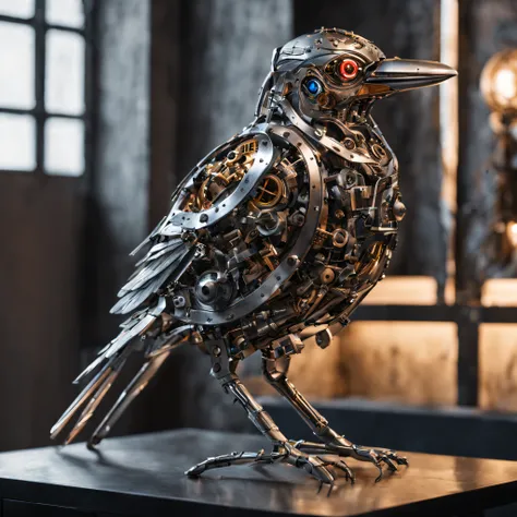 (mechanical bird:1.5), (Full -body metal: 1.5), cyborg birds, (a lot of detailed parts), mirror finishing, cinematic lighting, (Masterpiece), (Best Quality), (Ultra high Detailed), intricate details, intricate detail texture, LED eyes emit light