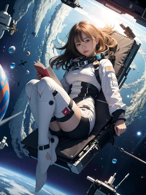 ((RAW image quality:1.4))、8K分辨率、Ultra-detailed CG footage、hight resolution, (​masterpiece:1.4), The ultra-detailliert, 1girl in, floated hair、floating、read a book, in a spacesuit, Seen from above, kosmos, Planktonic, satellite, Operations in outer space, w...