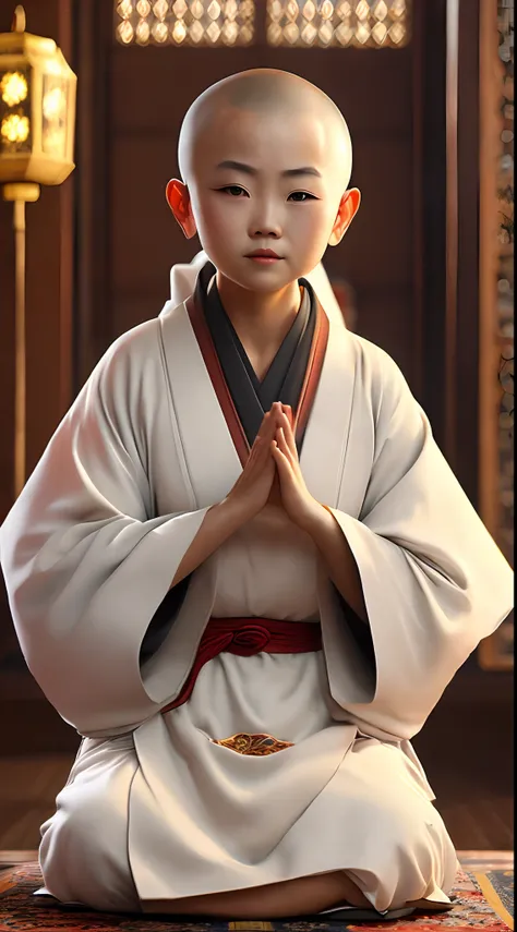 a cute chinese female monk sitting in a crossed-legged position, with a shaved head and wearing traditional white robes. she has...