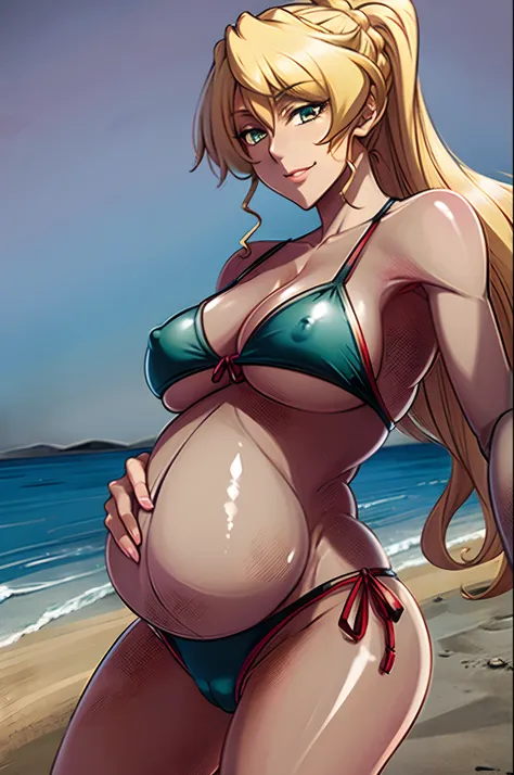 masterpiece, best quality, 1girl, alicetaria,blonde hair, long hair, ponytail, blue eyes, t, solo, simple background, bikini, beach, , alicetaria ,a smile ,Pregnant, tall woman