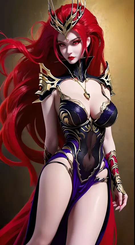 1 beautiful and sexy 20 year old girl, ((wearing traditional Hanfu armor with main colors purple and red:1)), not wearing pants, sexy hanfu style, ((long red hair:1.7)), jewelry elaborately made from precious stones and beautiful hair, ((wearing a 24k gold...