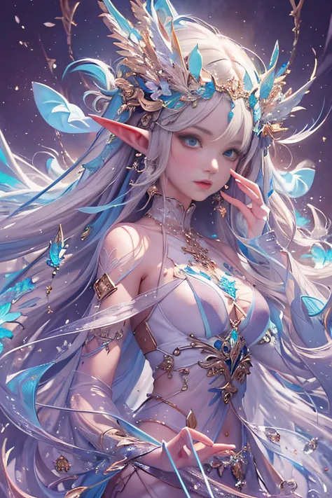 (Masterpiece, Top quality, Best quality, offcial art, Beautiful and aesthetic:1.2), (1 Elf Girl), Extremely detailed, Invisible long hair, (Fractal art:1.3),Colorful, Cinematic lighting，Convert to hand-drawn style