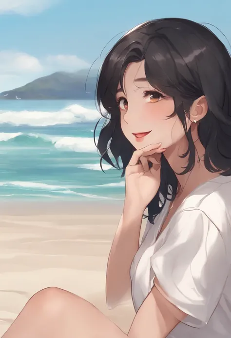 Her BF and she is laughing on the beach, She has short black hair、A little longer wave, skin tanned, Beautiful face, 20 years girl. Her BF has a handsome face, Looks hot, White skin anime version, Black hair