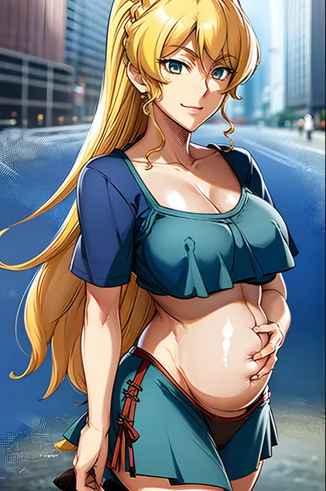 masterpiece, best quality, 1girl, alicetaria,blonde hair, l, mother and son , mom and shota, long hair, ponytail, blue eyes, blue shirt, pleated skirt, solo, simple background, bikini, beach, , alicetaria and son, motherly, walking, family, mother and chil...