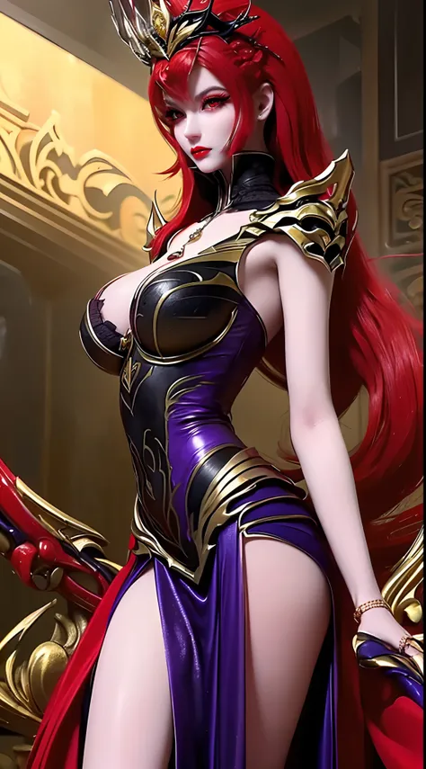 1 beautiful and sexy 20 year old girl, ((wearing traditional Hanfu armor with main colors purple and red:1)), not wearing pants, sexy hanfu style, ((long red hair:1.7)), jewelry elaborately made from precious stones and beautiful hair, ((wearing a 24k gold...