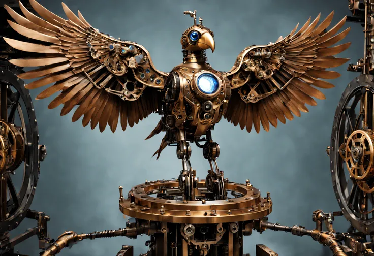 mechanical eagle, gleaming metal feathers, intricate gears and cogs, sharp beak and talons, majestic wingspan, lifelike movements, (mechanical:1.1, robotic), (automaton:1.1, clockwork), (precision engineering:1.1), (metaphorical transformation:1.1) , (best...