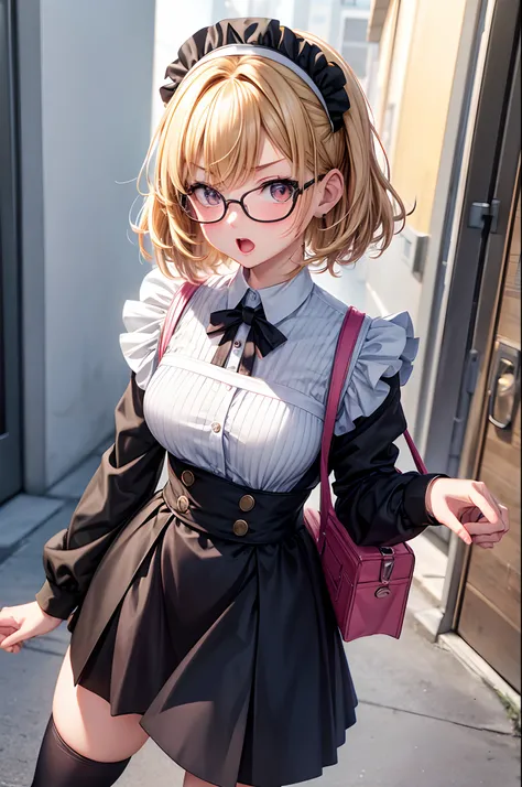 maid uniform, Hand over the bag containing your lunch., Location: School Clog Box, blush, Describing up to the knee, Wear black knee-high socks that go all the way up to the thigh., blonde hair, hair behind ear, short hair, expressive hair, over-rim eyewea...